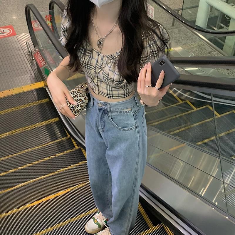 Korean กางเกงยีนส์ ✨ สไตล์เกาหลี ✨ขาขาดช่วงเอว ทรงขากระบอก สียีนส์อ่อน เนื้อผ้าดีระบายอากาศใส่สบาย 牛仔300 - - รูปที่ 5