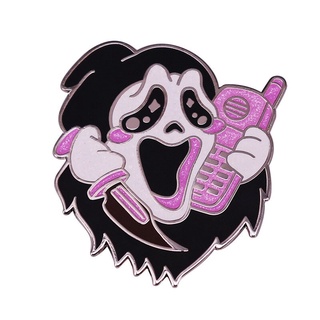 เข็มกลัด ลายภาพยนต์ Murders Scream Killer Calls Enamel Pin แต่งกลิตเตอร์ สีชมพู สําหรับฮาโลวีน