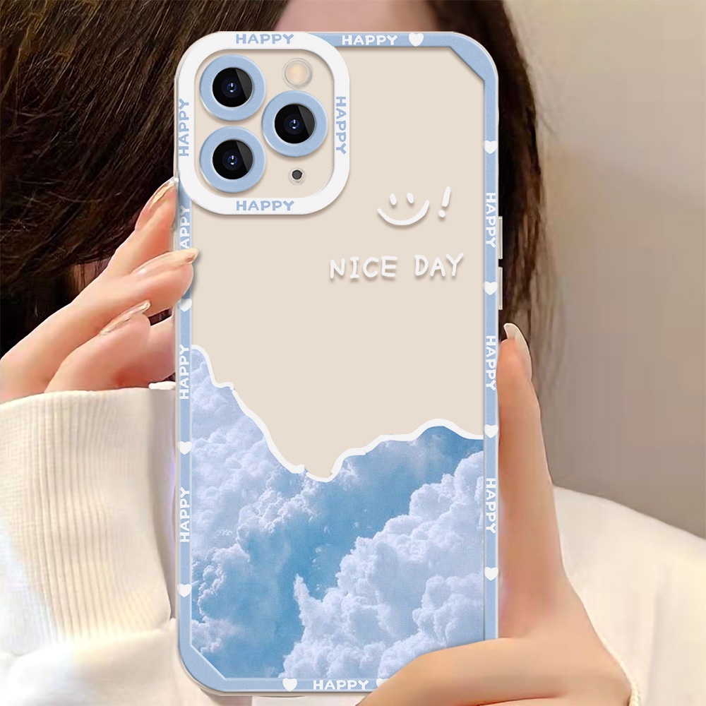 กรณี for iPhone 15 11 12 13 14 Pro X Xr Xs Max 7 8 15 Plus 12 13 14 Pro Max SEเคสโทรศัพท์ TPU เมฆบนท้องฟ้า ยิ้มน่ารัก