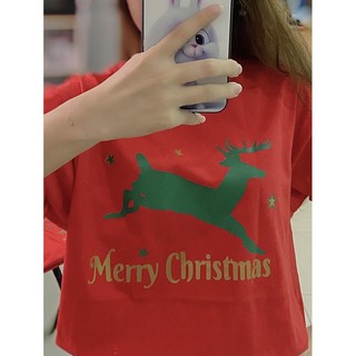 เสื้อยืดผ้าฝ้าย เสื้อยืดคริสต์มาสSpecial Green 🎄 Christmas Reindeer 🦌 Red T-Shirt