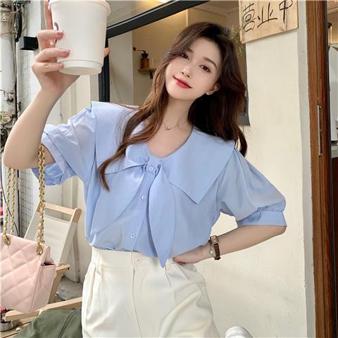พร้อมส่ง เสื้อเชิ้ตสีน้ำเงิน เสื้อเชิ้ตคอปก สีกรมท่า สไตล์เกาหลี เสื้อทำงานแขนสั้น มี 4 สี