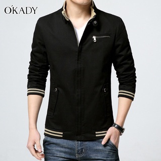 OKADY ชายเสื้อใหม่ลำลองสีทึบเสื้อแจ็คเก็ตคอ