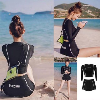 Swimsuit swimwearชุดว่ายน้ำ ทูพีช กางเกงขาสั้น แขนยาว เรียบร้อย เอวสูง ใส่ผอม ชุดว่ายน้ำเกาหลี สีดำ 2