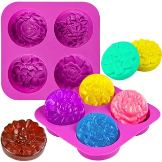 แม่พิมพ์สบู่ทรงกลมลายดอกไม้ 4 ช่อง (สีแรนดอม) Flower Soap Molds, 4 Cavity Silicone Round Soap Mold