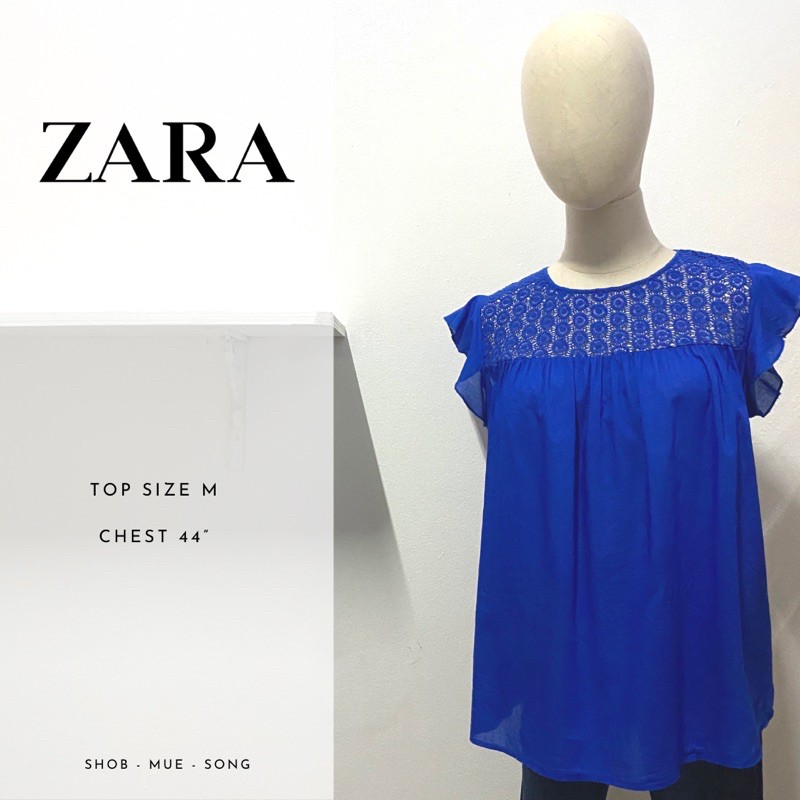 ZARA เสื้อ แต่งลูกไม้ สีน้ำเงิน มือสอง