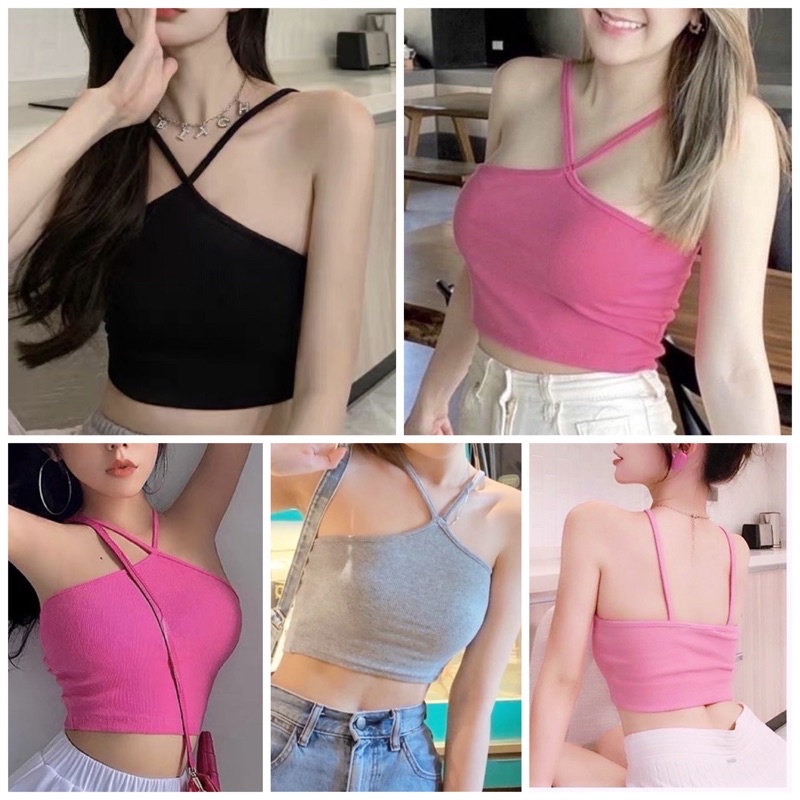 [052] เสื้อสายเดี่ยวไขว้หน้า สายเดี่ยวไขว้หน้า เสื้อครอปสีพื้น เสื้อสายฝอ สายคาเฟ่