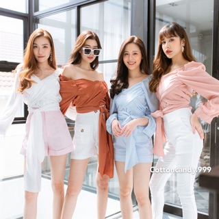 เสื้อทรงเกาหลี จั๊มไหล่ ดีเทลผูกโบว์ตรงเอว ผ้าซิล