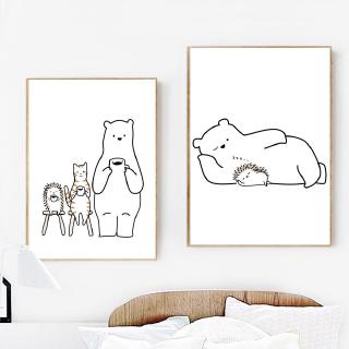 Home Decoration Printed Painting Wall Artwork Cartoon Bear Nordic Pictures Modular Canvas Poster Modern For Bedside