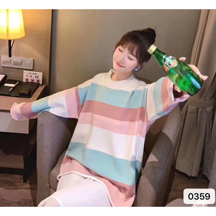 เสื้อแขนยาวผู้หญิง สีรุ้ง ทรง oversize แบบฟรีไซส์ เนื้อผ้านิ่มใส่สบาย สไตส์เกาหลี รุ่น0359# มี 2 สี ให้เลือก ชมพู ฟ้า