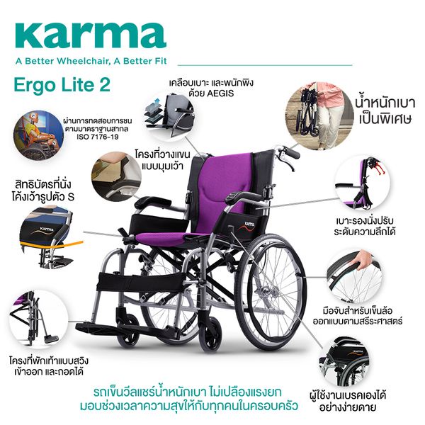 🔥รับประกัน 5 ปี 🔥 Karma  รุ่น Ergo Lite 2  รถเข็น อลูมิเนียม วีลแชร์ขนาดเล็ก น้ำหนักเบา Lightweight Aluminum Wheelchair