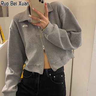 RUO BEI XUAN เสื้อแจ็คเก็ตสตรีแขนยาวซิปคู่ 2022 ฤดูใบไม้ร่วงและฤดูหนาวใหม่สไตล์เกาหลีหลวมคอปกโปโลสั้นยืนด้านบน