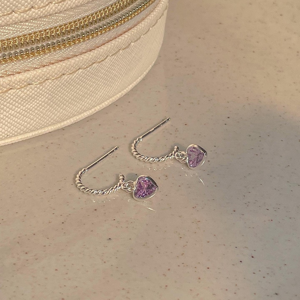 SissyJewelry // ต่างหูเงินแท้ รุ่น Mini twist heart drop hoop stud ห้อยพลอยหัวใจ 5mm