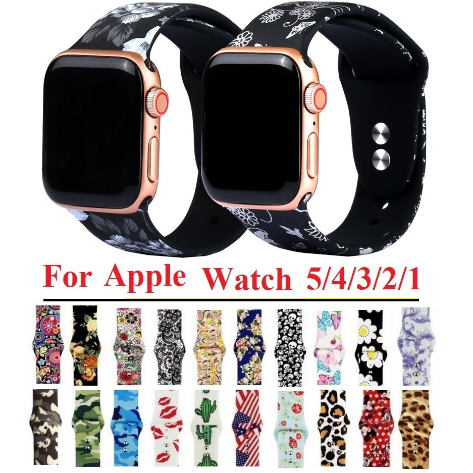สายนาฬิกา applewatch Iwatch Straps for iWatch Series 7/6/5/4/3/2/1, Apple Watch SE ขนาด 41มม 45มม 38มม 40มม 42มม 44มม Floral Silicone Replacement Sport Band for Apple Watch Series 6 สาย applewatch 7