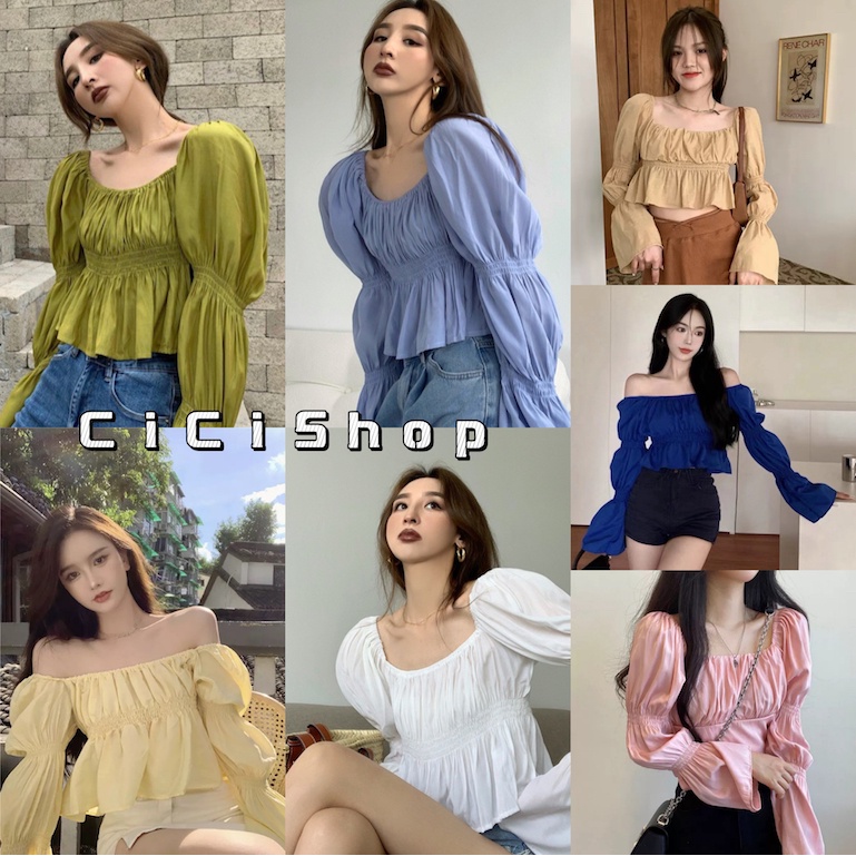 Cicishop(1824/3036)เสื้อคอเหลี่ยม สม็อคช่วงอก แต่งแขนสม็อค เนื้อผ้าใส่สบาย งานสวย