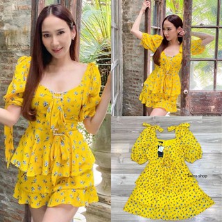 พร้อมส่ง-Twins Minidress สกีนลายดอกไม้เล็กๆ ผ้าชีฟอง งานสวยมาก