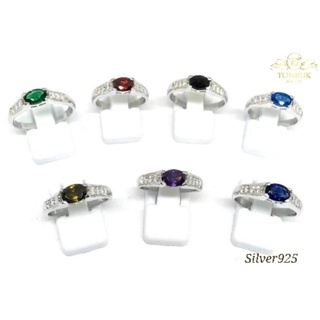 แหวนพลอยบ่าเพชร เงินแท้S925 เคลือบทองคำขาว18K