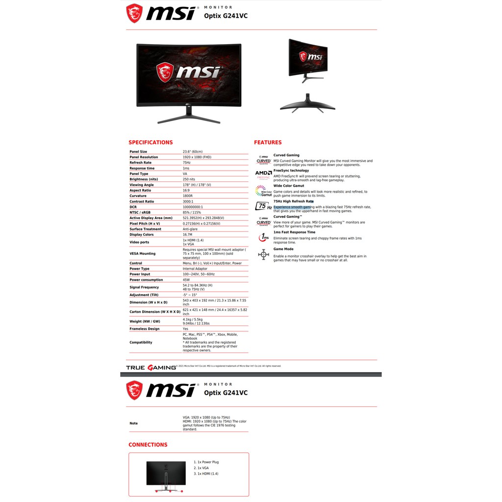 Monitor 23 6 Msi Optix G241vc Va Vga Hdmi Curve Freesync 75hz 4 590