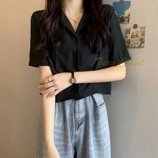 IT056 TARA Crop Top เสื้อเชิ้ต เสื้อครอป ปกฮาวาย แขนสั้น กระดุมหน้า เนื้อผ้าไหมอิตาลีอย่างดี ผ้าดี ใส่สบาย ไม่ร้อน
