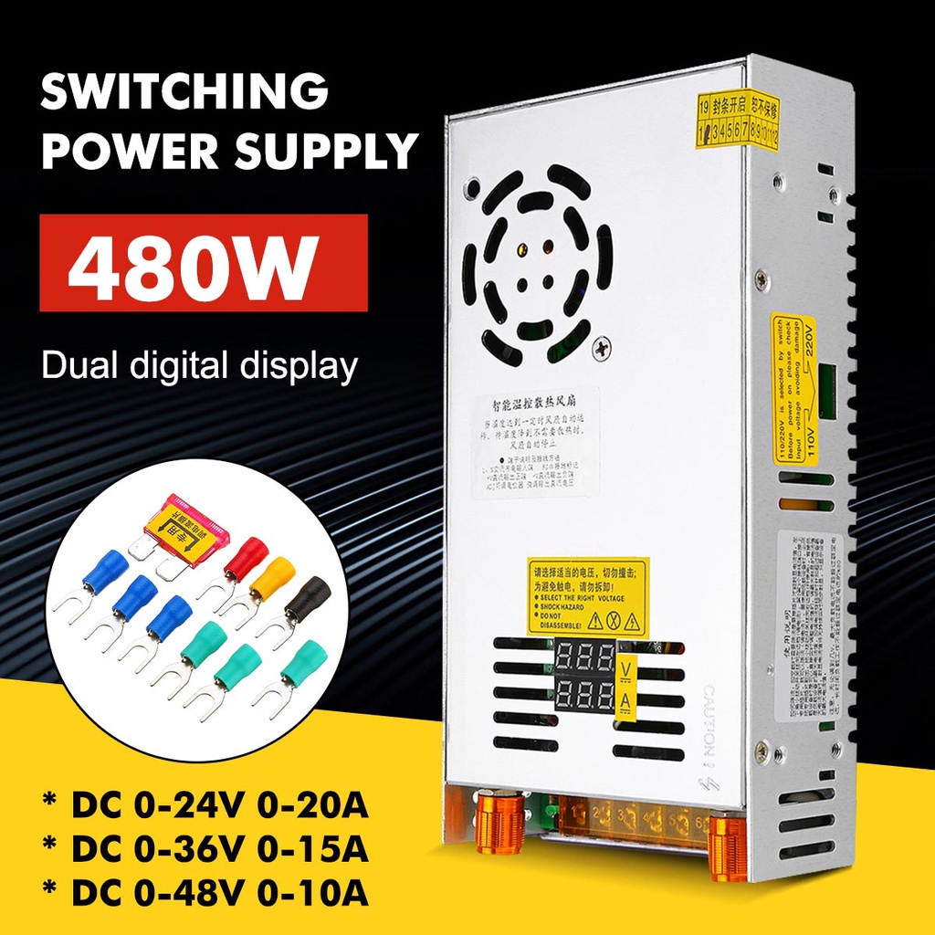 Hjs Switching Power Supply Transformer ปรับได้พร้อมจอแสดงผลดิจิตอลคู่ AC 110/220V ถึง DC 0-24/36/48V 480W