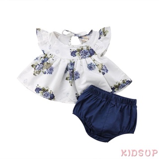 Kidsup-2 ชิ้น / เซต เด็กทารก เด็กผู้หญิง เสื้อผ้าแขนบิน เสื้อลายดอกไม้ + กางเกงขาสั้น