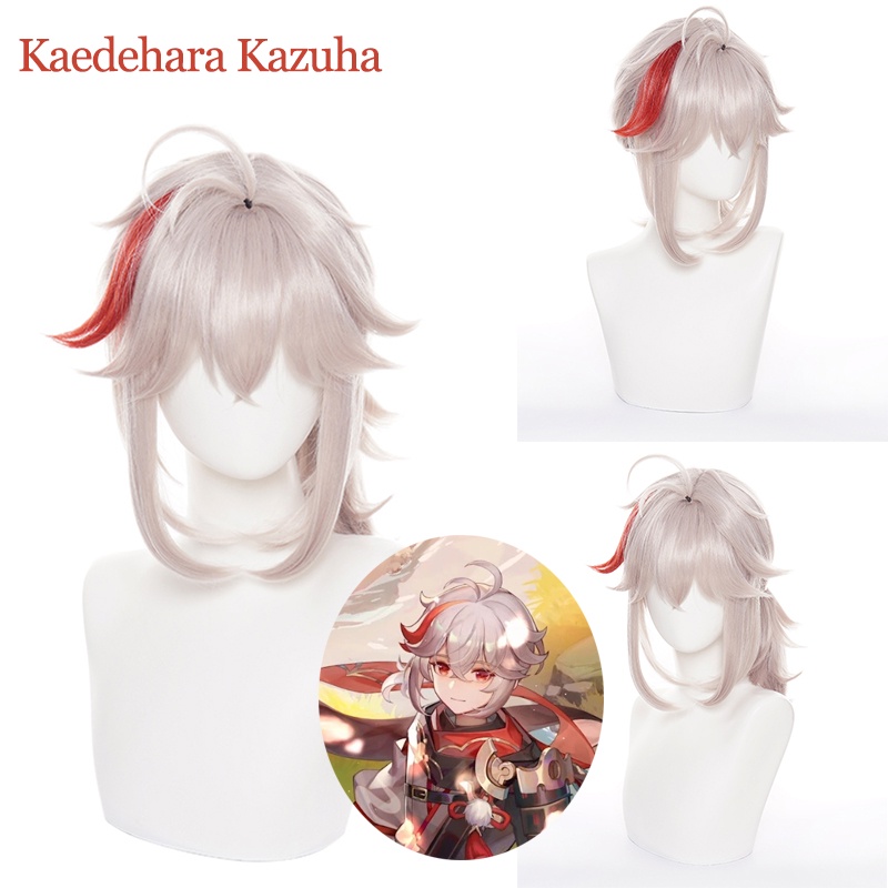 Cod Genshin Impact - Kaedehara Kazuha วิกผมคอสเพลย์วิกผมสีเทาสีแดงสีเทาสําหรับแต่งคอสเพลย์