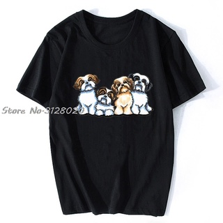 [COD]Summwe เสื้อยืดแขนสั้นลําลอง ผ้าฝ้าย พิมพ์ลาย Four Shih Tzu สีดํา แฟชั่นสําหรับผู้ชายS-5XL