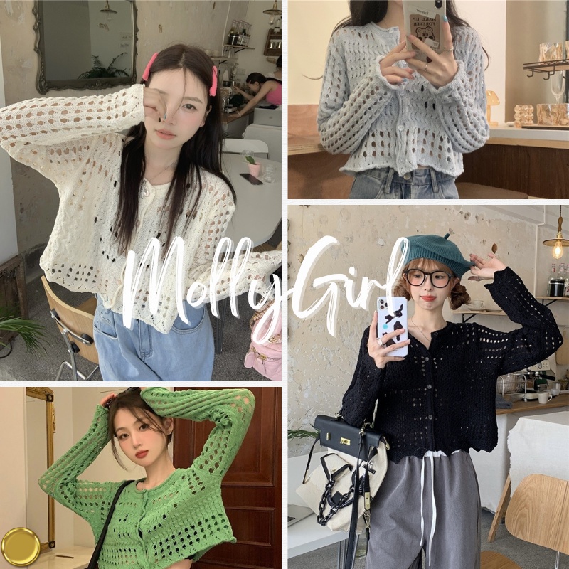 Mollygirl เสื้อไหมพรม แขนยาว งานตาข่าย เสื้อแขนยาวผญ