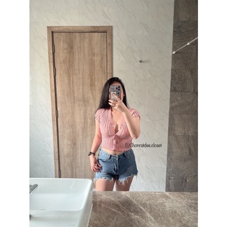 ครอปสายคาเฟ่ 🌈ผ้าไหมพรม💫แขนสั้น✔️