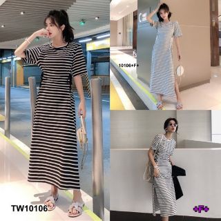 &lt;TW10106&gt;Maxi Dress แม็กซี่เดรสแขนสั้น ผ้าคอตตอนแมงดก้ ลายริ้ว ข้างเอว 2 ข้างเจาะตาไก่ ร้อยเชือกผูกเก๋ๆ