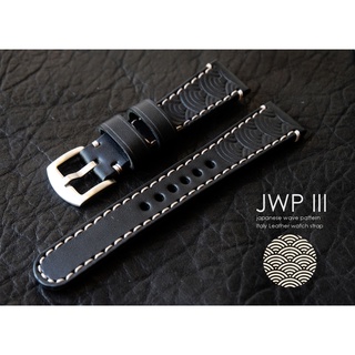 สายนาฬิกาหนังแท้ รุ่น JWP III สีดำปั๊มลายคลื่นญี่ปุ่น หนังอิตาลี watch strap สายนาฬิกา พร้อมบัคเคิล