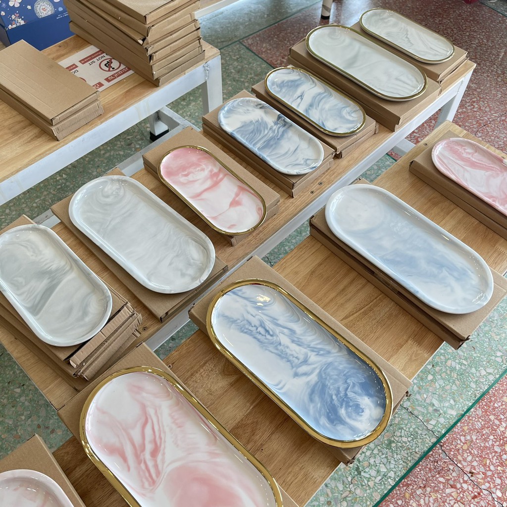 จานลายหินอ่อน จานวางเครื่องประดับ เคลีอบเงา ใช้ตกแต่งบ้าน ถาดขนม ถาดเค้ก ตกแต่งร้านกาแฟ Cake plate