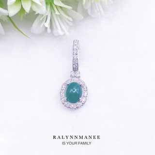 Z6412 จี้พลอยโมราแท้ ( Chrysoprase ) ตัวเรือนเงินแท้ 925 ชุบทองคำขาว