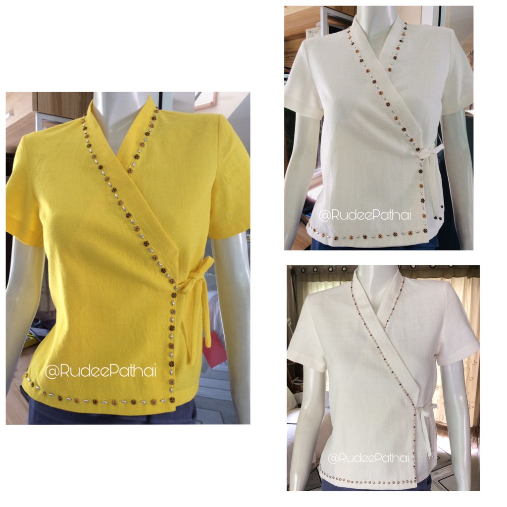 126YR เสื้อป้ายผ้าฝ้ายผูกข้างปักมือ 100% cotton เสื้อสปาหญิง ชุดสปา นวดแผนไทย  สปายูนิฟอร์ม ชุดผ้าไท