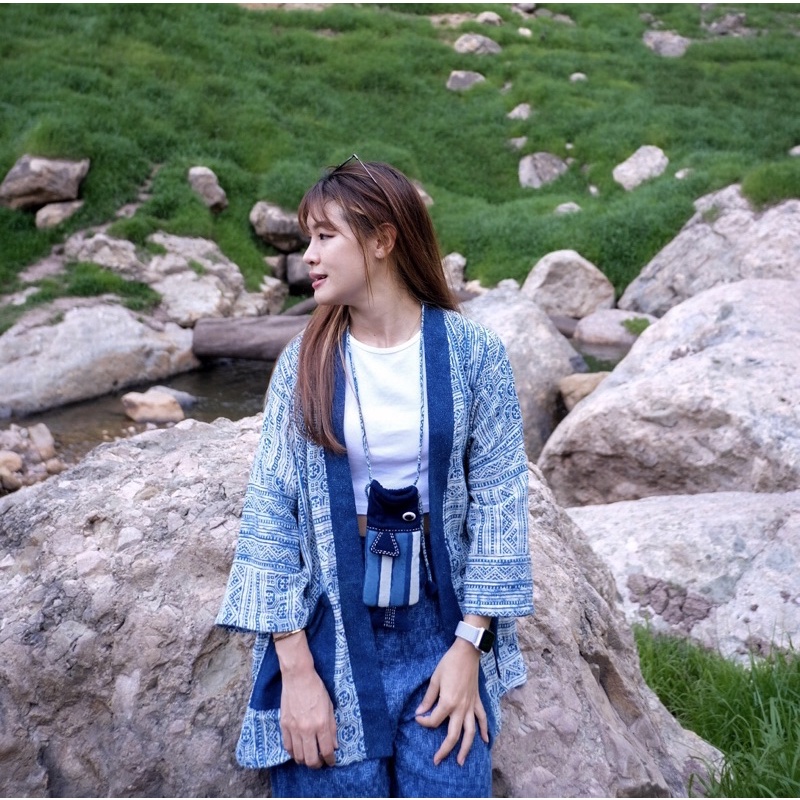 เสื้อคลุมผ้าฝ้ายย้อมคราม เสื้อคลุมกิโมโน กางเกงบอลลูน สโตนวอช ชุดพื้นเมือง