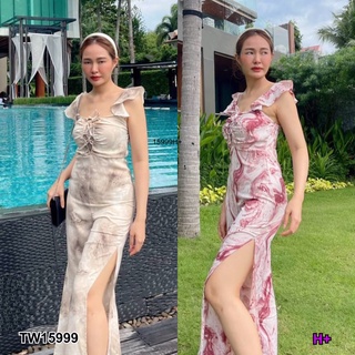 MF15999  Jumpsuit จั้มสูทขายาวกางเกงผ่าขาด้านข้างซิปหลัง แขนแต่งระบาย ช่วงหน้าอก ร้อยเชือกปรับได้เองเลยค้า ดูลุคคุณหนู ใ