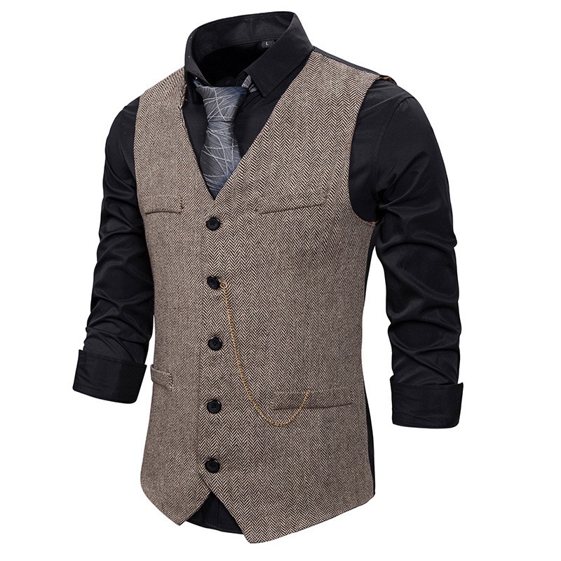 Mens Vests Gold Chain Decoration Single Breasted Men's Suit Vest Casual Wild V Neck Top Spring New Grey Black Brown #4