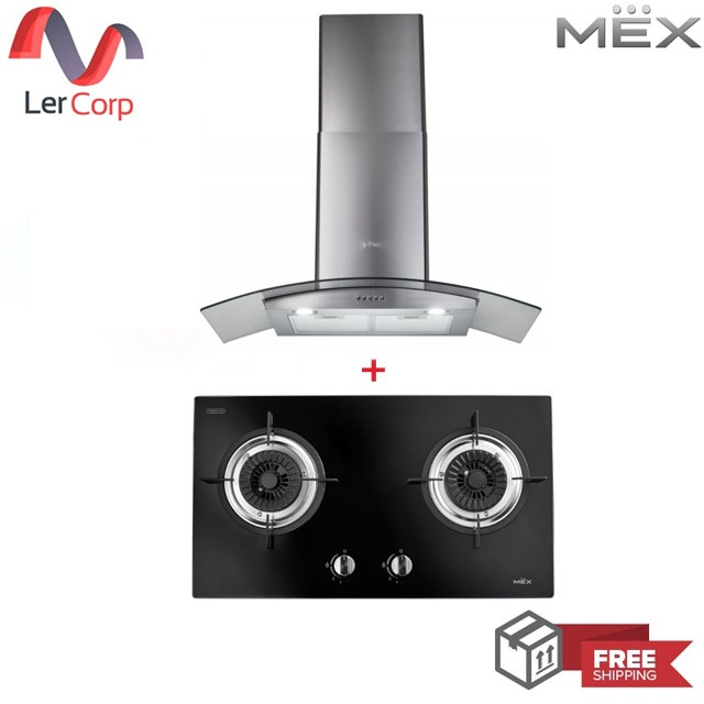 (MEX) เตาแก๊สฐานกระจก ขนาด 71 ซม.  2 หัวแก๊ส V712M + เครื่องดูดควันกระโจมกระจกโค้ง 90 ซม. KV7269X90