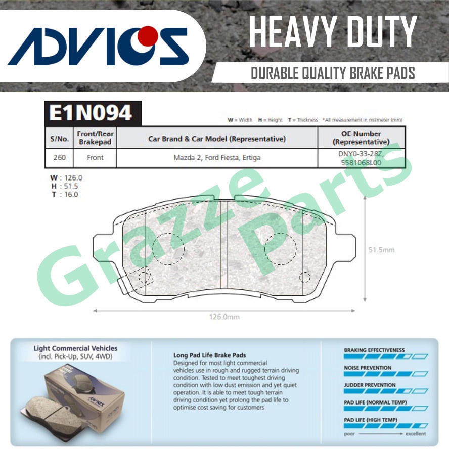 Advics Aisin Heavy Duty Disc เบรค Pad ด้านหน้า E1N094Y สําหรับ Suzuki Proton Ertiga Mazda 2 Ford Fie