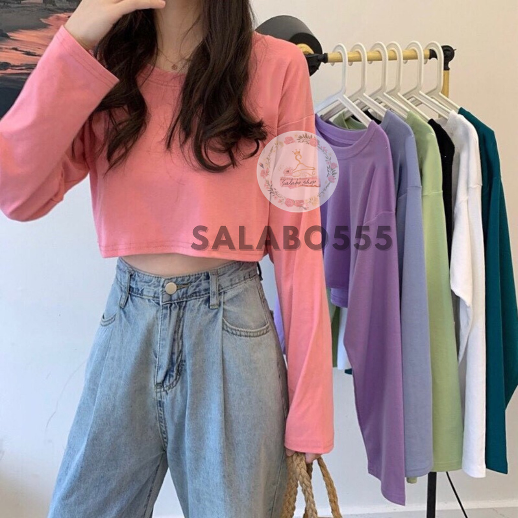 SALABO(พร้อมส่ง) เสื้อครอปแขนยาว คอกลม คอกว้าง สไตล์เกาหลีสำหรับผู้หญิง #9019