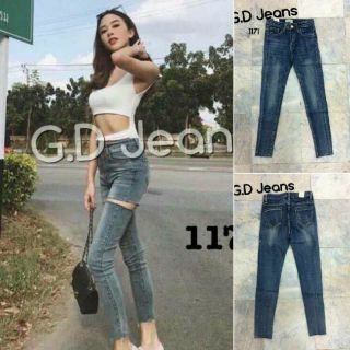 G.D.Jeans รุ่น 1171#กางเกงยีนส์ผ้ายืดทรงเดฟสีฟอกตัดขาดข้าง 💦💦