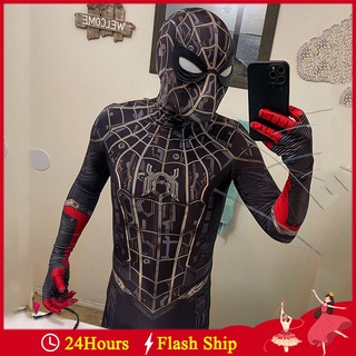 【FF】บอดี้สูทคอสเพลย์ Spiderman 3 No Way Home Spandex Superhero Zentai สีดํา ทอง สําหรับผู้ใหญ่ เด็ก 2021