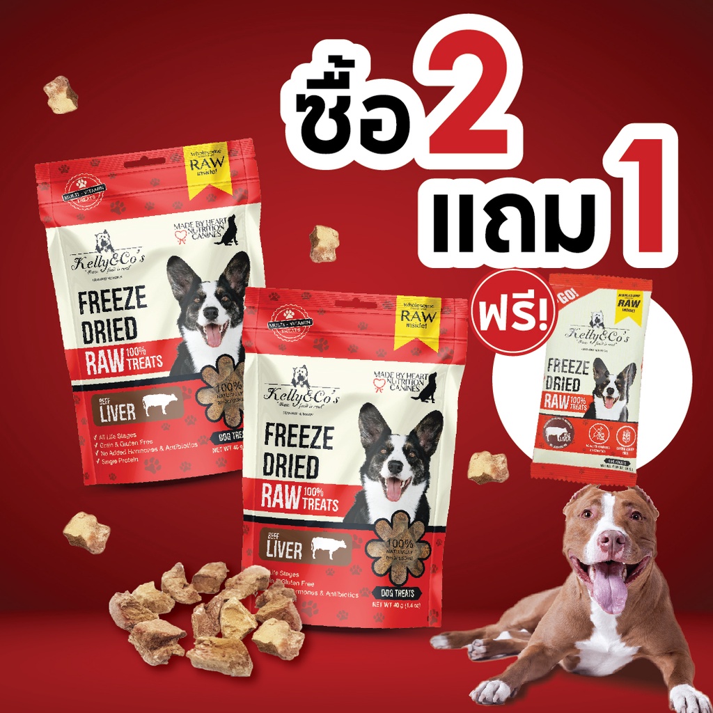 [ 2 แถม 1 ] Kelly & Co's Dog ขนมฟรีซดราย 40 กรัม ฟรีซดรายตับวัว 2 ถุง แถม ฟรีซดรายทูโก 5กรัม 1 ซอง