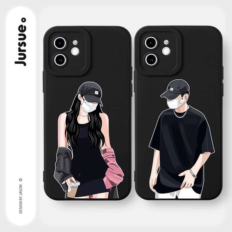JURSUE เคสคู่ เคสไอโฟน คู่รัก ขอบเหลี่ยมกันกระแทกซิลิโคนนุ่มการ์ตูนตลก เคสโทรศัพท์ สีดำ Compatible for iPhone 16 15 14 13 12 11 Pro Max SE 2020 X XR XS 8 7 Plus พลัส Y2431