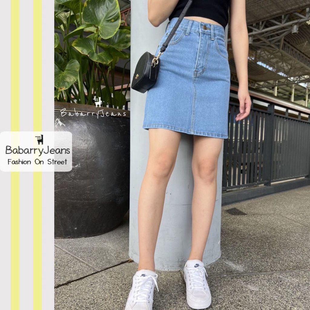 BabarryJeans กระโปรงยีนส์ ผญ เอวสูง ทรงสอบ รุ่นคลาสสิค ยาว 16 นิ้ว (ORIGINAL) สีขาว