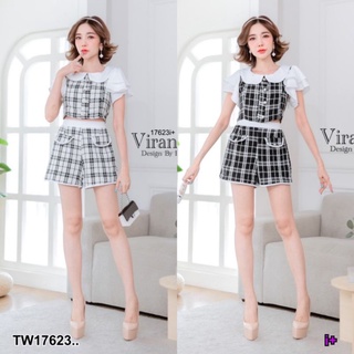 TW17623  Set 2 ชิ้น เซตขาสั้น ผ้าทอเนื้อหนาลายตาราง