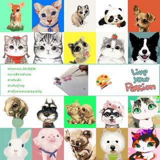 20x20 [พร้อมส่ง - ส่งไว] ระบายสีตามตัวเลข แบบขึงเฟรมไม้ XZPAINT DIY painting by numbers สัตว์ แมว หมา