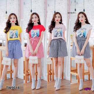 TW9018 Set 2 ชิ้น เสื้อยืดแขนสั้น ผ้ายืดสกีนลาย+กางเกงขาสั้นผ้าคอตตอนลายสก๊อต +++สอบถามสินค้าก่อนสั่ง