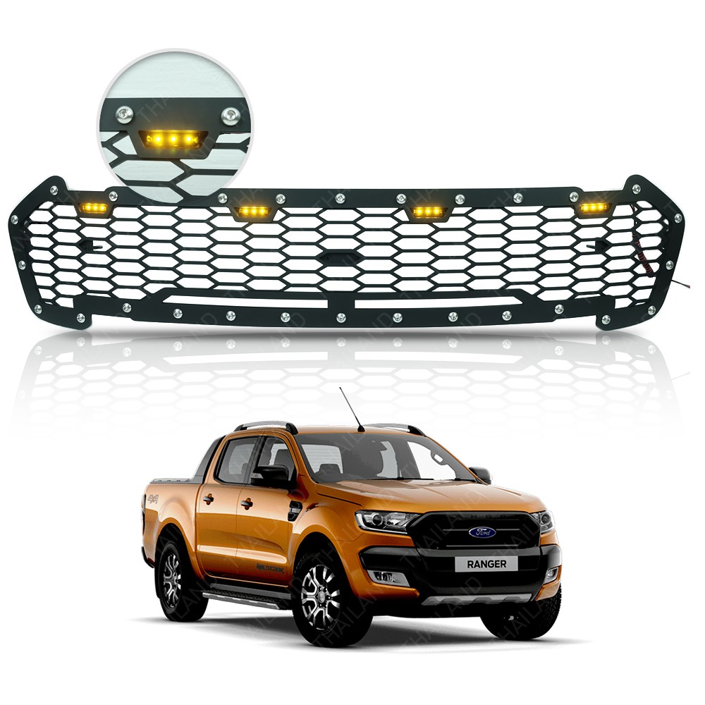 กระจังหน้า v.2 มีไฟ LED เหลือง ไม่มีม้า สีดำ 1 ชิ้น สำหรับ ฟอร์ด Ford เรนเจอร์ Ranger ปี 2015 2016 2017