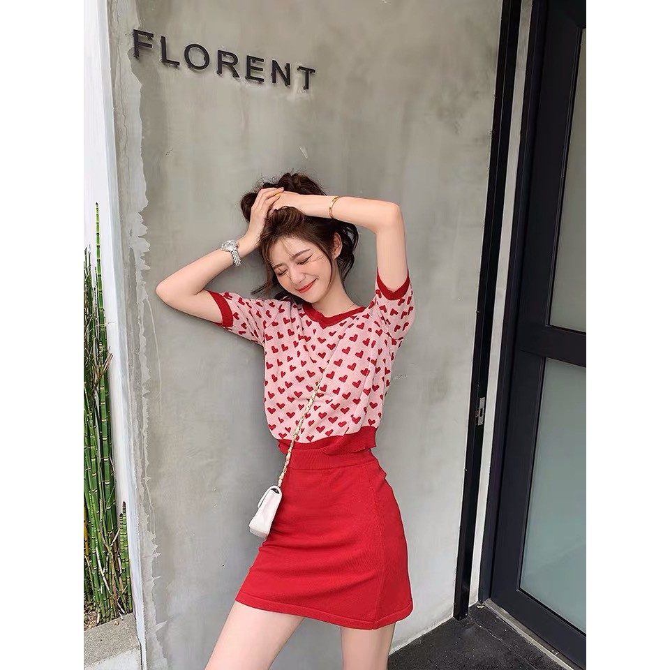 Cicishop (4102)🍓พร้อมส่ง🍍เสื้อไหมพรมแขนสั้น ลายหัวใจ❤ วาเลนไทน์