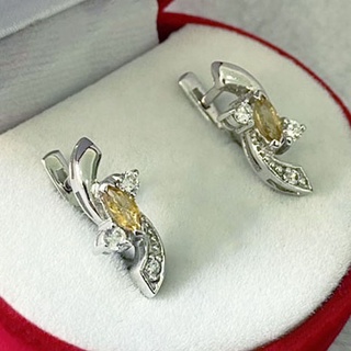 Q6415 ต่างหูพลอยซิทรีนแท้ ( Citrine ) แบบอิงลิชล็อค ตัวเรือนเงินแท้ 925 ชุบทองคำขาว